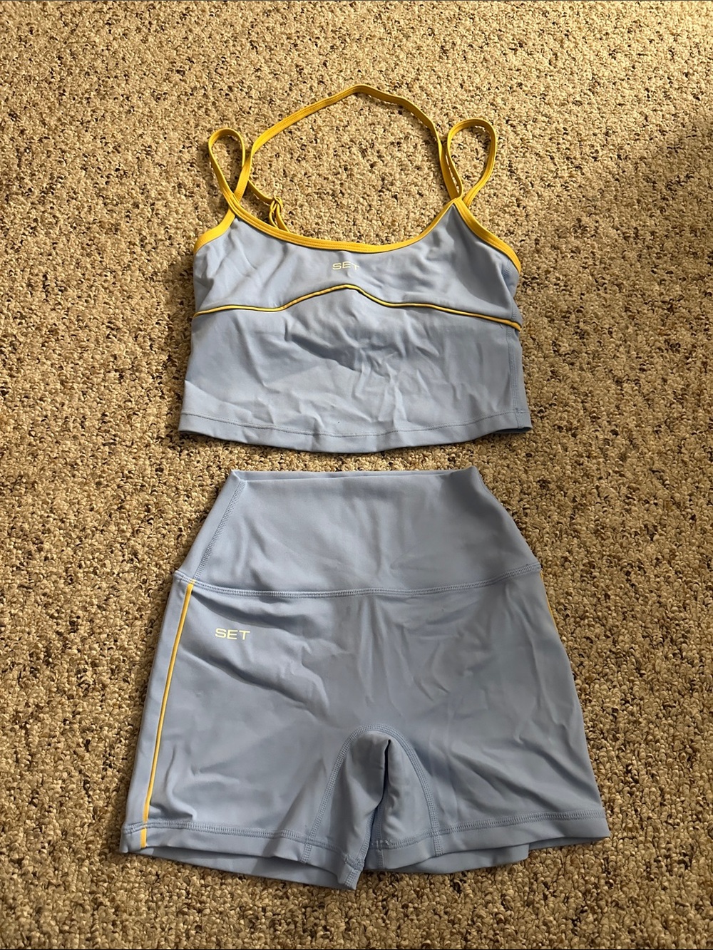 SET Active Light Blue and Yellow Strappy Crop Top & High-Waist Shorts